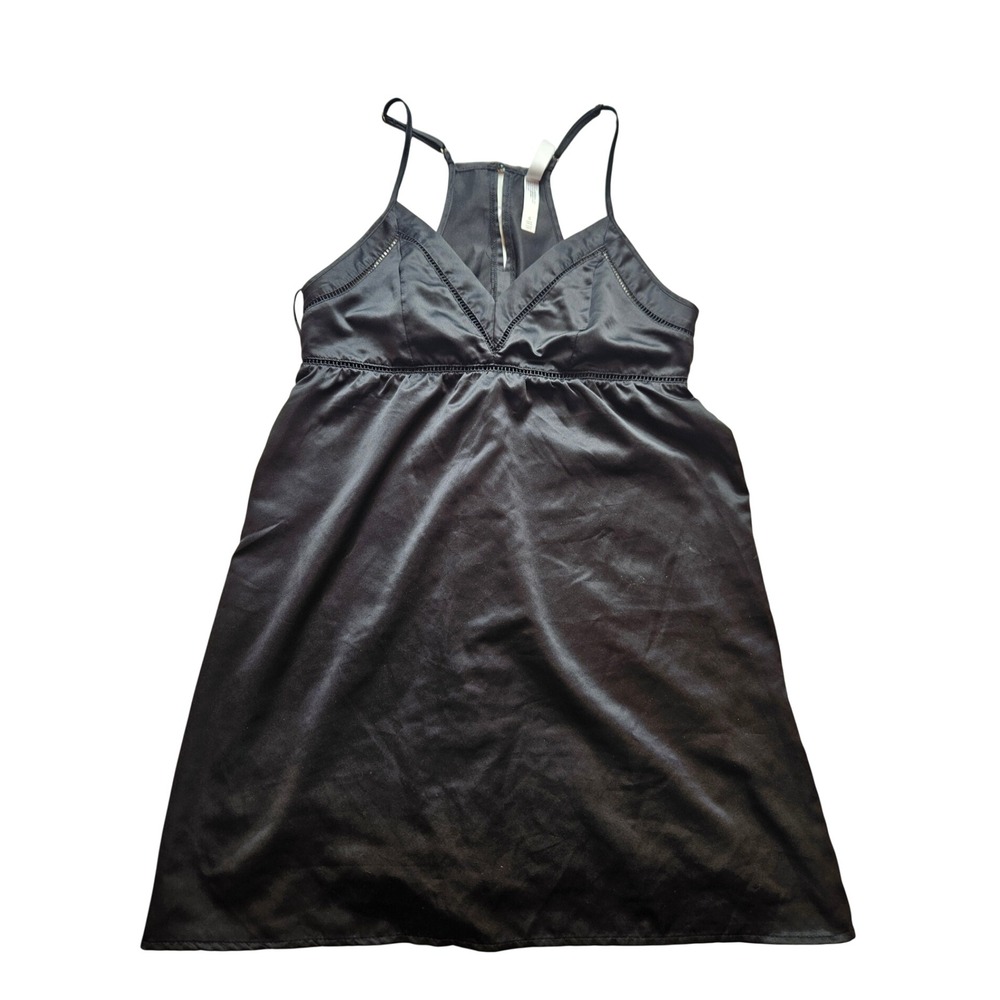 Gilligan & O'Malley Black Satin Chemise Nightgown Racerback Lace Trim Small